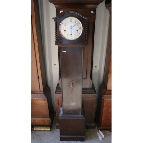 720 - 19th century oak longcase timepiece (clock), with swan neck pediment above painted dial with Roman n... 