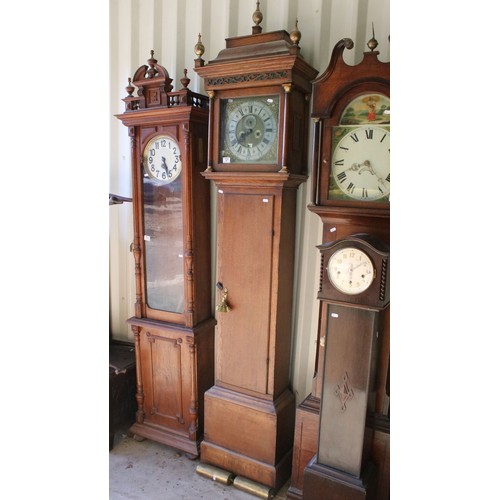 721 - 19th century mahogany two train longcase clock, the stepped hood with brass finials, the silvered di... 