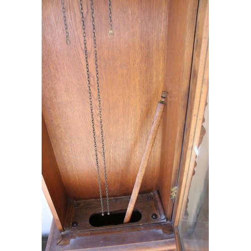 722 - Early 20th century oak longcase timepiece (clock), with ornately carved pediment, above dial painted... 