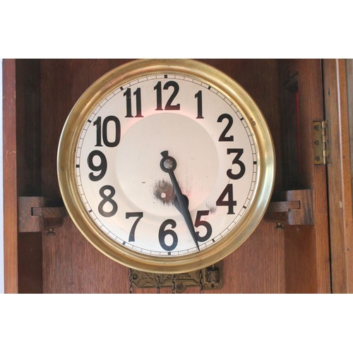 722 - Early 20th century oak longcase timepiece (clock), with ornately carved pediment, above dial painted... 