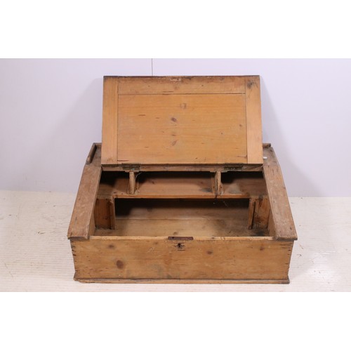 643 - 20th century pine table top desk with liftable lid and internal compartments, H 29cm, W 72cm, D 50cm