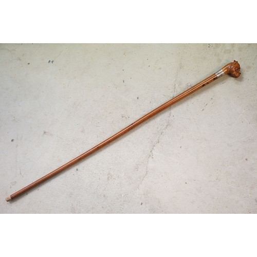 330 - An antique walking cane with well carved Boxer dog handle and white metal collar.