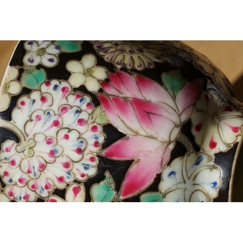 5 - Pair of 19th Century hand enamelled Chinese tea bowls, decorated with florals on a black ground. Bot... 