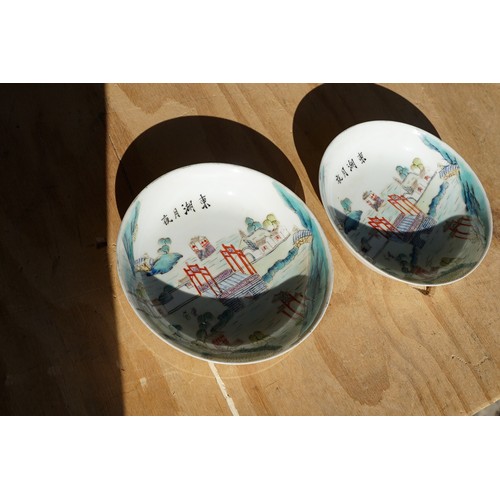 10 - Pair of 19th Century Chinese round dishes being hand enamelled with pagoda and garden scenes. Both w... 