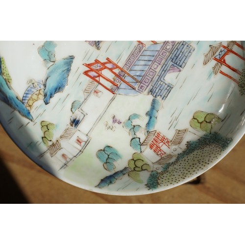 10 - Pair of 19th Century Chinese round dishes being hand enamelled with pagoda and garden scenes. Both w... 