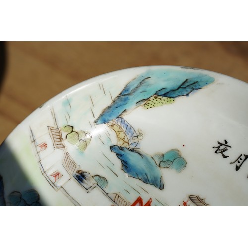 10 - Pair of 19th Century Chinese round dishes being hand enamelled with pagoda and garden scenes. Both w... 