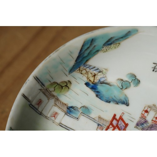 10 - Pair of 19th Century Chinese round dishes being hand enamelled with pagoda and garden scenes. Both w... 