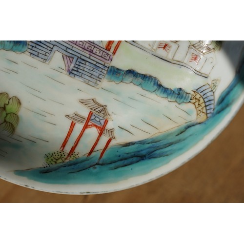 10 - Pair of 19th Century Chinese round dishes being hand enamelled with pagoda and garden scenes. Both w... 