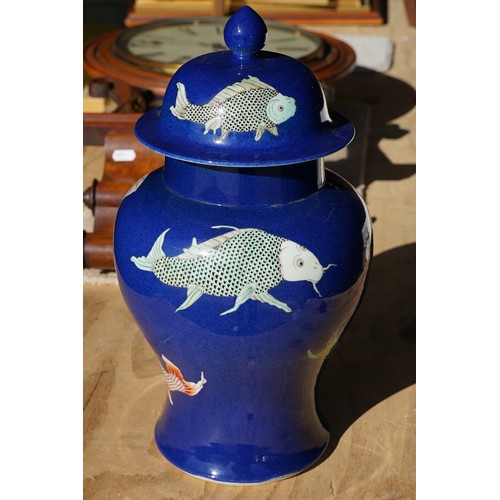 34 - Kangxi period powder blue lidded vase with carp fish pattern, baluster form with flared foot and str... 