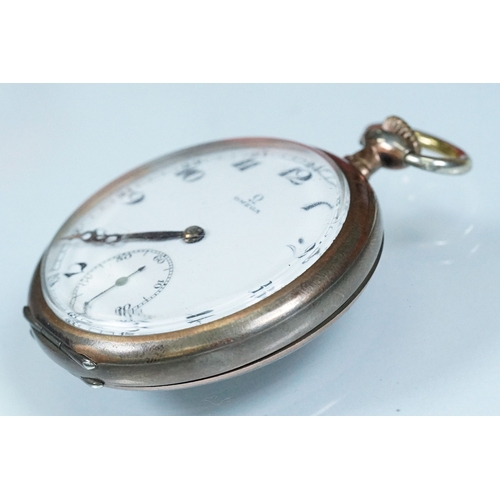 385A - Early 20th Century Omega silver open face pocket watch having a white enamelled face with arabic num... 