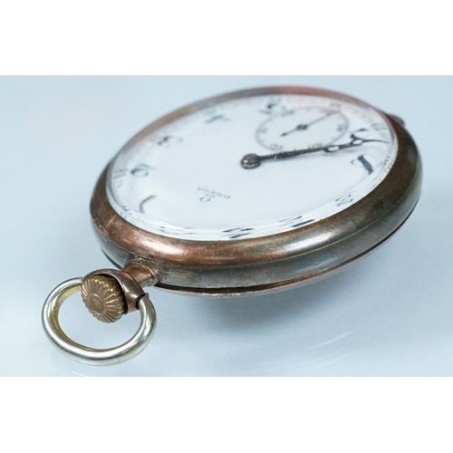 385A - Early 20th Century Omega silver open face pocket watch having a white enamelled face with arabic num... 