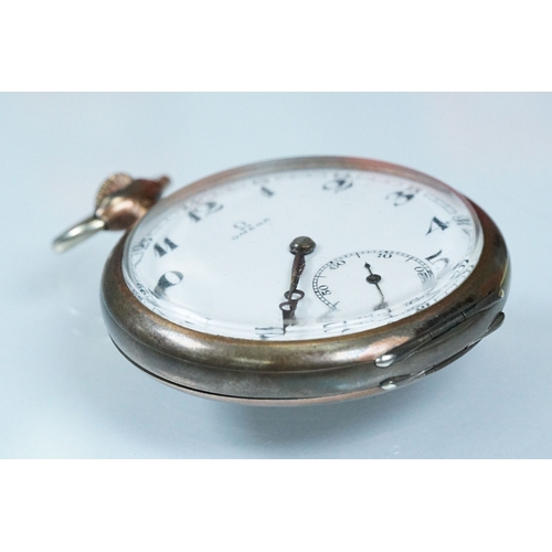 385A - Early 20th Century Omega silver open face pocket watch having a white enamelled face with arabic num... 