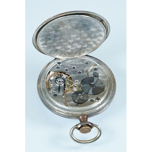 385A - Early 20th Century Omega silver open face pocket watch having a white enamelled face with arabic num... 