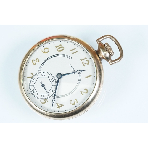 388A - Art Deco Illinois gold plated open face pocket watch having gilt arabic numerals to the chapter ring... 