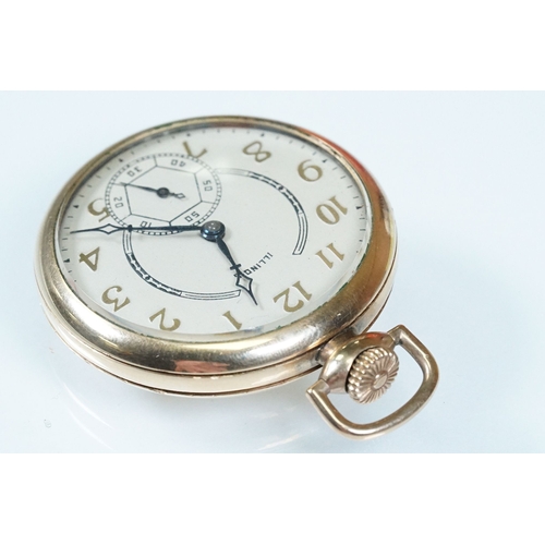 388A - Art Deco Illinois gold plated open face pocket watch having gilt arabic numerals to the chapter ring... 