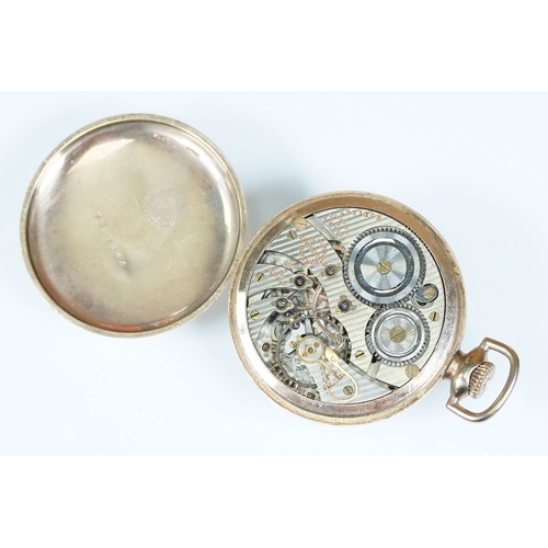 388A - Art Deco Illinois gold plated open face pocket watch having gilt arabic numerals to the chapter ring... 