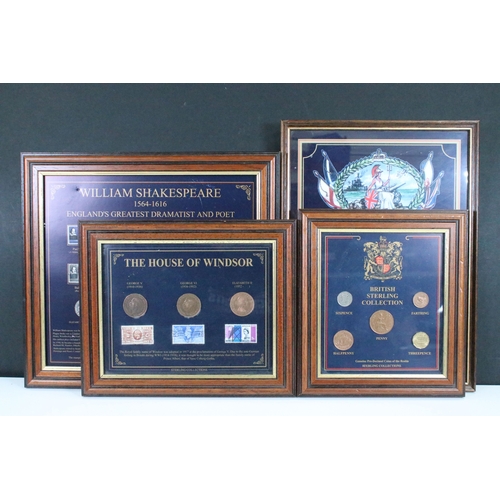 308 - A collection of four framed and glazed coin sets to include the Royalty and Empire collection, the H... 