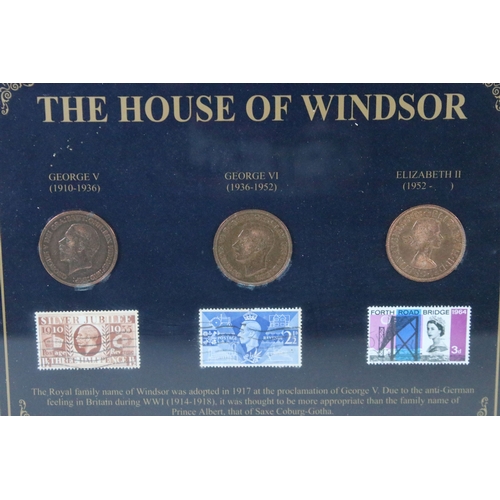 308 - A collection of four framed and glazed coin sets to include the Royalty and Empire collection, the H... 