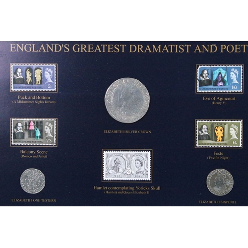 308 - A collection of four framed and glazed coin sets to include the Royalty and Empire collection, the H... 