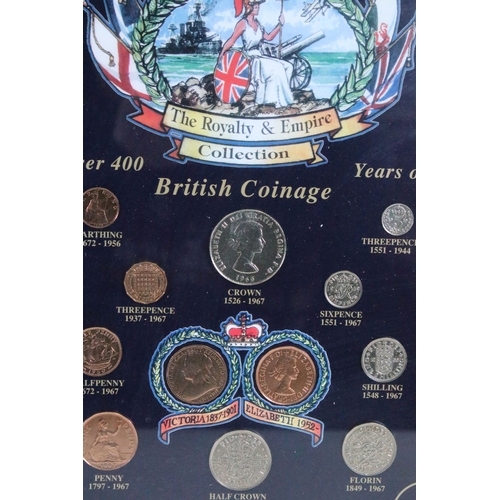 308 - A collection of four framed and glazed coin sets to include the Royalty and Empire collection, the H... 