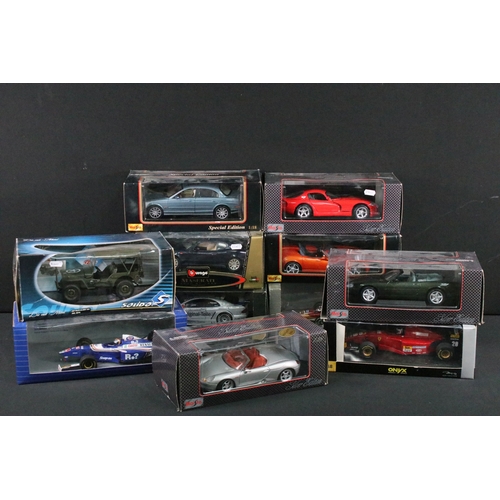 1191 - 11 Boxed 1/18 diecast model cars featuring 5 x Maisto (Jaguar S-Type 1999, Porsche Boxster, etc), 1 ... 