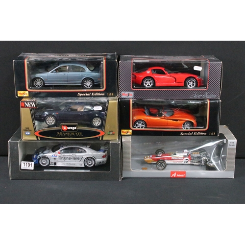 1191 - 11 Boxed 1/18 diecast model cars featuring 5 x Maisto (Jaguar S-Type 1999, Porsche Boxster, etc), 1 ... 