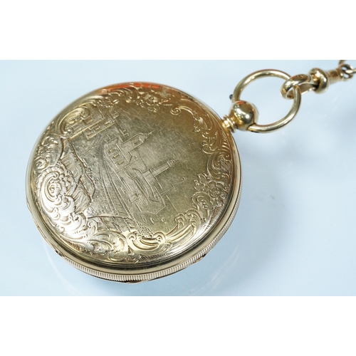 387 - 18ct gold open face pocket watch and curb link pocket watch chain. Pocket watch having a white ename... 