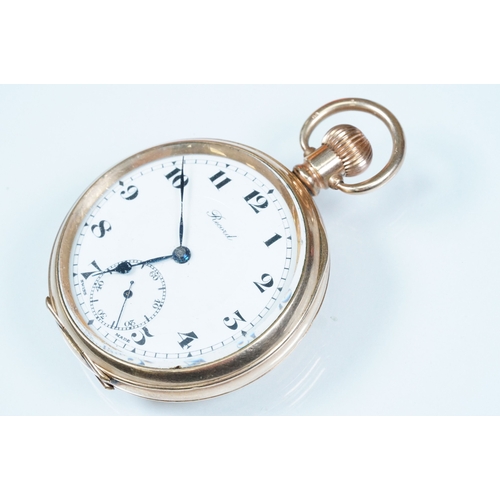 388 - Record gold plated pocket watch having a white dial with arabic numerals to the chapter ring and sub... 