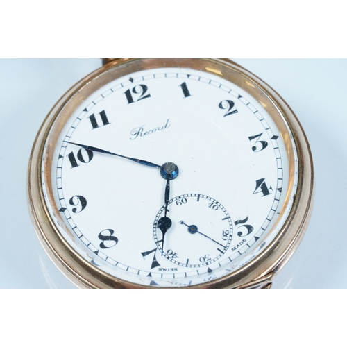 388 - Record gold plated pocket watch having a white dial with arabic numerals to the chapter ring and sub... 