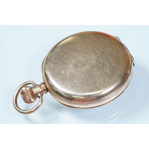 388 - Record gold plated pocket watch having a white dial with arabic numerals to the chapter ring and sub... 