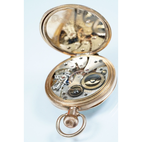 388 - Record gold plated pocket watch having a white dial with arabic numerals to the chapter ring and sub... 