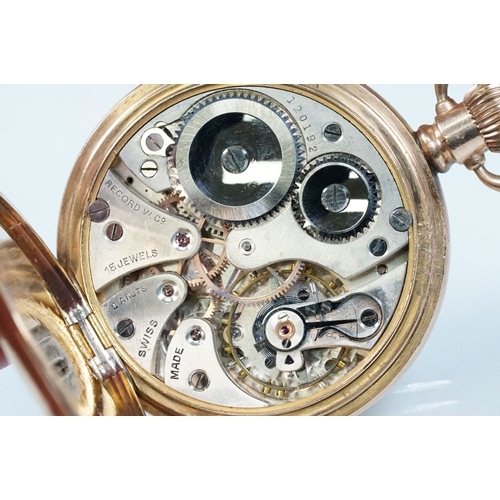 388 - Record gold plated pocket watch having a white dial with arabic numerals to the chapter ring and sub... 