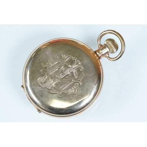 393A - Waltham USA gold plated pocket watch having a white enamelled face with arabic numerals to the chapt... 