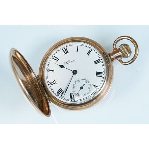 393A - Waltham USA gold plated pocket watch having a white enamelled face with arabic numerals to the chapt... 