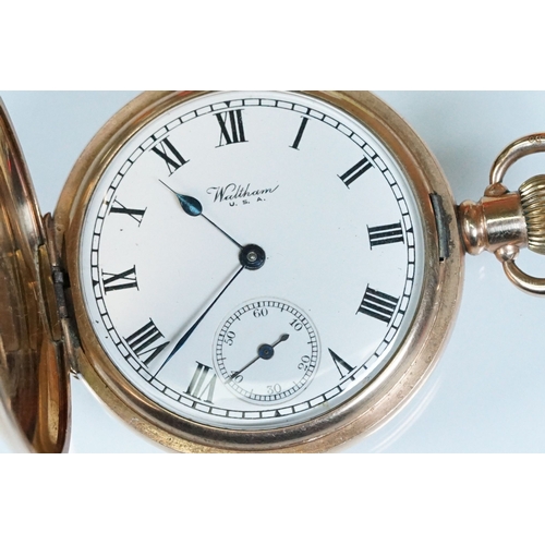 393A - Waltham USA gold plated pocket watch having a white enamelled face with arabic numerals to the chapt... 