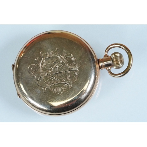 393A - Waltham USA gold plated pocket watch having a white enamelled face with arabic numerals to the chapt... 