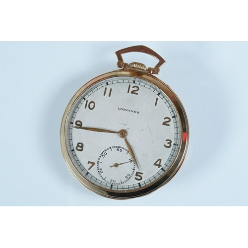 394A - Art Deco Longines 14ct gold open face pocket watch having arabic numerals to the chapter ring with s... 