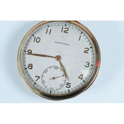 394A - Art Deco Longines 14ct gold open face pocket watch having arabic numerals to the chapter ring with s... 