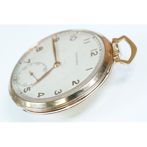 394A - Art Deco Longines 14ct gold open face pocket watch having arabic numerals to the chapter ring with s... 