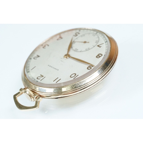 394A - Art Deco Longines 14ct gold open face pocket watch having arabic numerals to the chapter ring with s... 