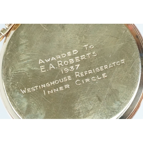 394A - Art Deco Longines 14ct gold open face pocket watch having arabic numerals to the chapter ring with s... 