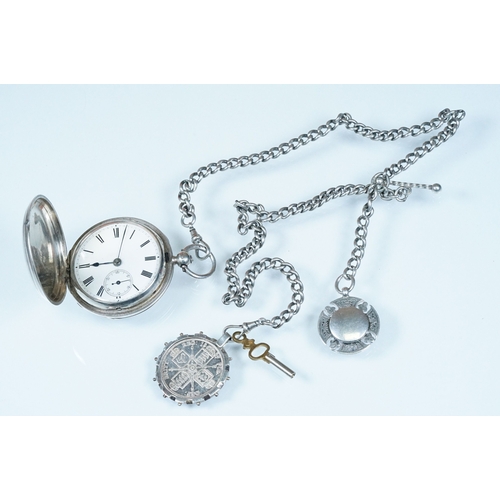 395 - 19th Century Silver hallmarked full hunter pocket watch having engine turned case with vacant armori... 