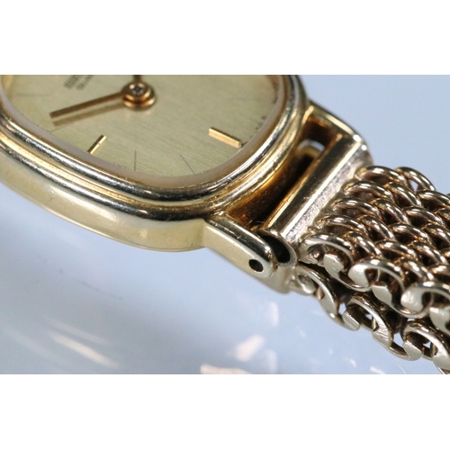 432 - Seiko Quartz 9ct gold wrist watch having a rectangular face with fine link bracelet strap. Hallmarke... 