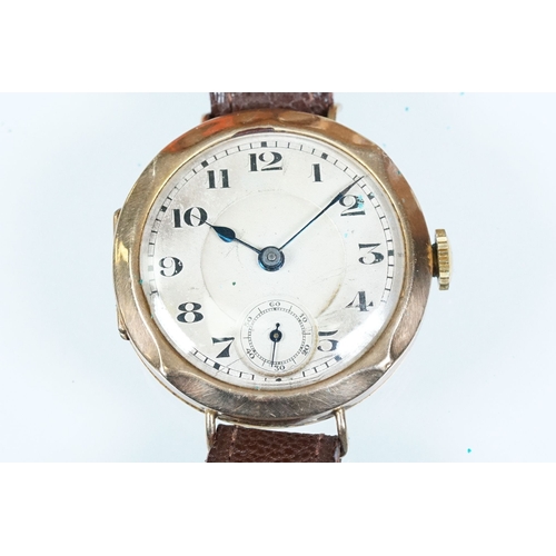 433 - 1920s 9ct gold wrist watch having arabic numerals to the chapter ring and subsidiary dial to six. Im... 