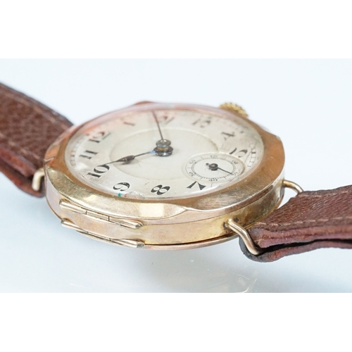 433 - 1920s 9ct gold wrist watch having arabic numerals to the chapter ring and subsidiary dial to six. Im... 