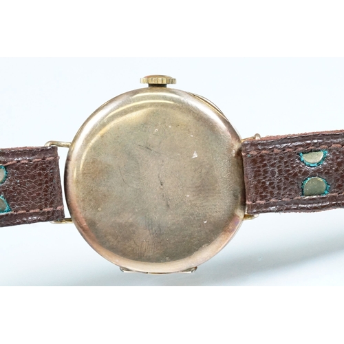 433 - 1920s 9ct gold wrist watch having arabic numerals to the chapter ring and subsidiary dial to six. Im... 