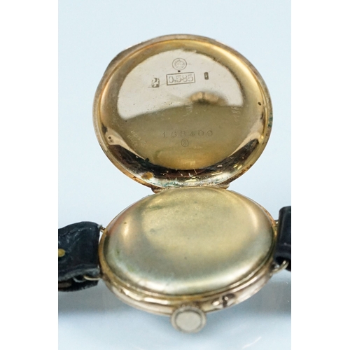 435 - 14ct gold 1920s wrist watch having a white enamelled dial with arabic numerals to the chapter ring a... 