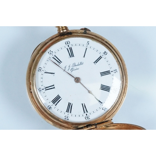 437 - 14ct gold full hunter fob watch having an engine turned case with white enamel dial, roman numerals ... 