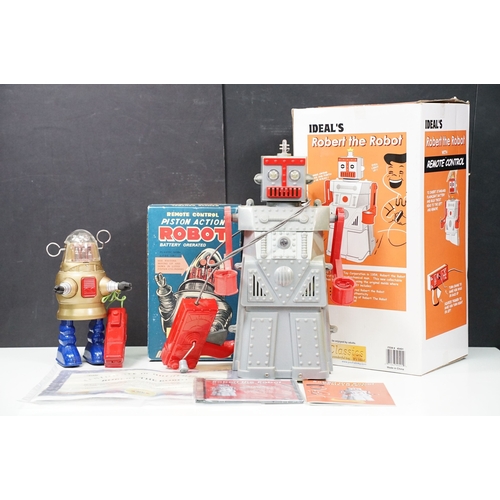279 - Two boxed tin plate and plastic robots to include Ha Ha Toy Battery Operated Remote Control Piston A... 