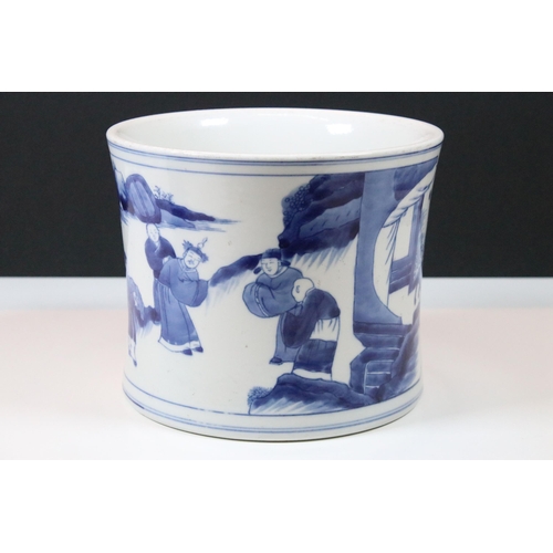 26 - 18th Century Kang Xi period Chinese blue and white brush pot with figural decoration and Chinese six... 